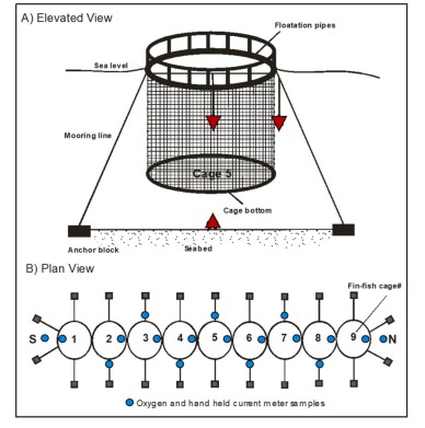 Hydrodynamic implications in and around a caged finfish farm and its implications on the dispersal of farm debris